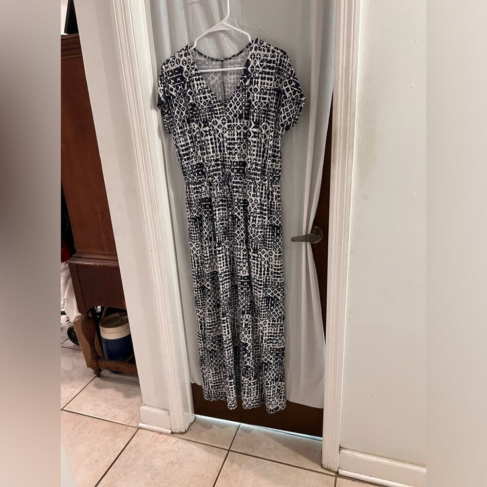 Anthropologie Garnet hill blue white geo print organic cotton maxi dress size s